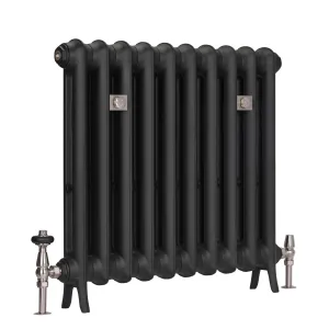 Emmeline I 665mm cast iron radiator in Matt Black on feet, with plain columns, wall stays and nickel thermostatic and lockshield valves.