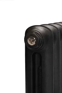 Close-up of the top end of an Emmeline I cast iron radiator in Matt Black, with a Castrads-stamped end plug and chrome bleed valve.