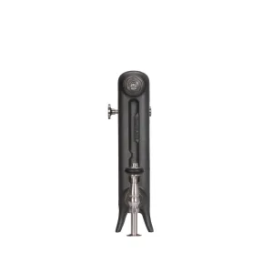 End view of an Emmeline I 465mm cast iron radiator in Black Iron on feet, with a nickel angled valve and wall stay, on white.