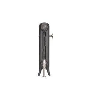 End view of an Emmeline I 465mm cast iron radiator on feet in Black Iron, with a polished nickel valve below and a wall stay at the side.