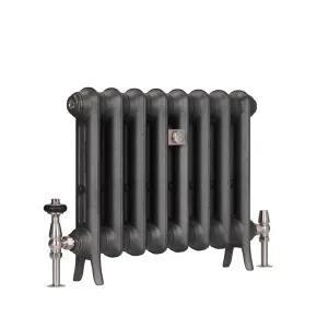 Emmeline I 465mm cast iron radiator in Black Iron, eight plain single-column sections on feet, with nickel valves and a central wall stay.