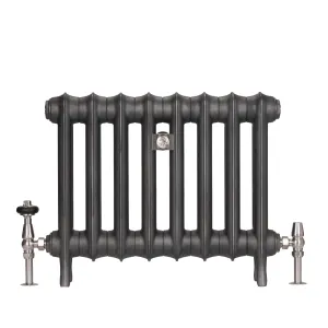 Emmeline I 465mm cast iron radiator in Black Iron on feet, eight sections, with a nickel wall stay and nickel angled valves either side.