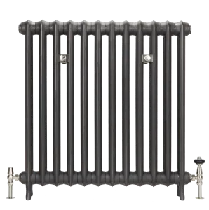 Emmeline I 865mm cast iron radiator on feet in a dark pewter-grey finish, with two wall stays and polished nickel angled valves, on white.