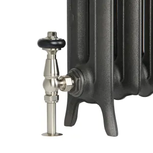 Close-up of an Emmeline II cast iron radiator foot in Black Iron, with a brushed nickel angled valve and black wheel head on a white background.