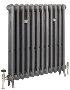 Emmeline I 865mm plain column cast iron radiator on feet in a dark pewter-grey finish, with nickel angled valves and two wall stays.