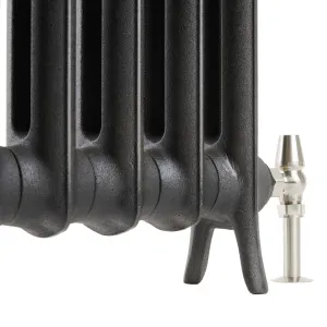 Close-up of the feet and lower sections of an Emmeline I cast iron radiator in a textured graphite finish, with a polished nickel angled valve.