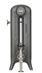End view of an Emmeline II 470mm cast iron radiator on feet in Black Iron, with a nickel angled valve and black handwheel on a white background.