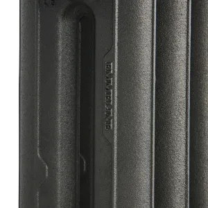 Close-up of a plain Emmeline II cast iron radiator column in Black Iron, showing the textured cast surface and raised lettering.