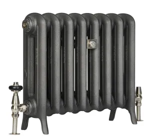 Eight-section Emmeline II 470mm cast iron radiator on feet in Black Iron, with satin nickel thermostatic and lockshield valves, on white.