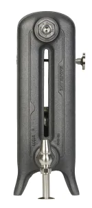 End view of an Emmeline II 470mm cast iron radiator on feet in Black Iron, with a polished nickel valve, bleed key and Castrads end plug.