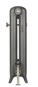 End view of an Emmeline II 670mm cast iron radiator on feet in Black Iron, with a nickel valve and black head on a white background.