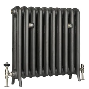 Emmeline II 670mm two-column cast iron radiator in Black Iron on feet, with nickel valves and two wall stays, on a white background.