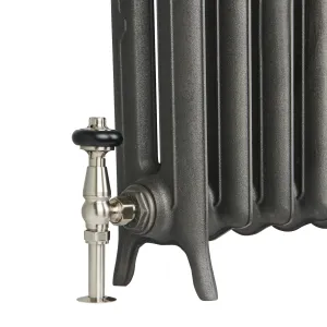 Close-up of the Emmeline II cast iron radiator's foot in Black Iron, with a satin nickel angled thermostatic valve and black head.