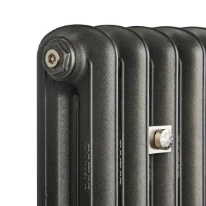 Close-up of the top corner of an Emmeline II cast iron radiator in Black Iron, showing a Castrads bleed plug and a nickel bee-motif wall stay.