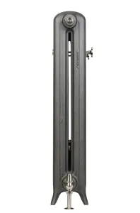 End view of an Emmeline II 870mm cast iron radiator on feet in Black Iron, with a nickel angled valve at the base and a wall stay.