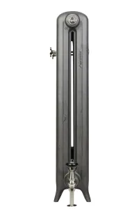End view of an Emmeline II 870mm cast iron radiator in Black Iron on short feet, with a nickel angled valve and top air vent, on white.