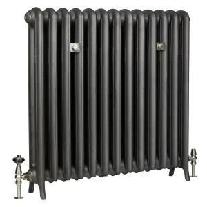 Emmeline II 870mm cast iron radiator in Black Iron on feet, with nickel wall stays and angled thermostatic and lockshield valves, on white.