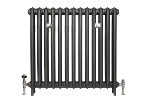 Emmeline II 870mm cast iron radiator in Black Iron on feet, with two wall stays and nickel angled valves, on a white background.