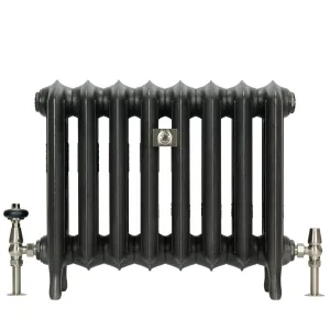 Eight-section Emmeline III 470mm cast iron radiator on feet in a dark graphite finish, with nickel thermostatic and lockshield valves.