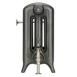End view of an Emmeline III 470mm cast iron radiator on feet in a textured dark grey finish, with a nickel valve and wall stay.