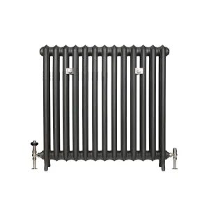 Plain Emmeline II cast iron radiator in Black Iron on feet, with two wall stays and nickel thermostatic and lockshield valves, on white.