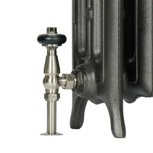 Close-up of an Emmeline III cast iron radiator foot in a dark metallic finish with a brushed nickel angled thermostatic valve and black head.