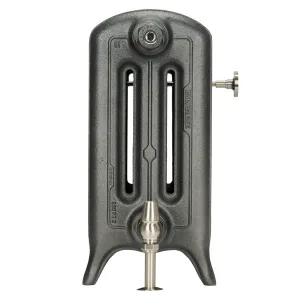 End view of an Emmeline III 470mm three-column cast iron radiator on feet in a dark pewter-grey finish, with a satin nickel valve and bleed key.