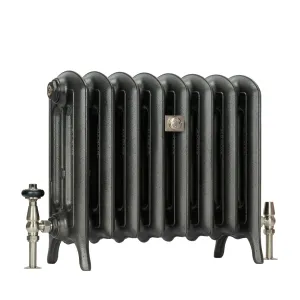 Emmeline III 470mm cast iron radiator with eight rounded sections on feet, in a dark metallic finish, with nickel valves and a wall stay.