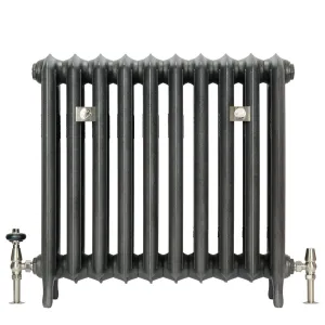Emmeline III 670mm cast iron radiator on feet in a dark metallic grey finish, with satin nickel wall stays and valves, on white.