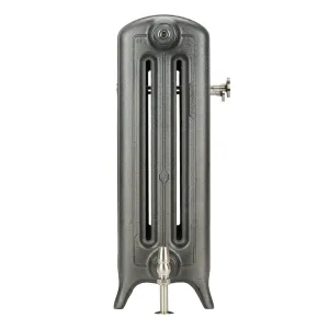 End view of an Emmeline III 670mm cast iron radiator on feet in a metallic dark grey finish, with satin nickel valves.