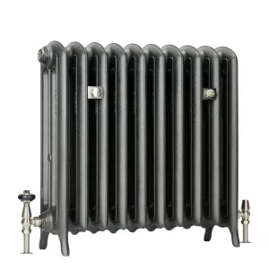 Emmeline III 670mm cast iron radiator on feet in a dark metallic grey finish, with nickel wall stays and valves, on a white background.
