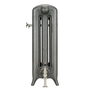 End view of an Emmeline III 670mm cast iron radiator on feet in a textured pewter-grey finish, with a brushed nickel angled valve and bleed key.
