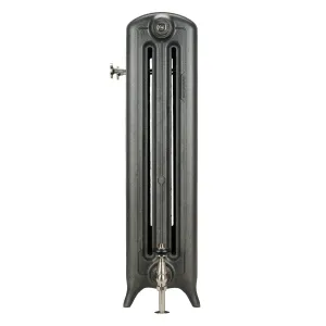 End view of an Emmeline III 870mm cast iron radiator on feet in a dark metallic grey finish, with nickel valve and bleed fitting.