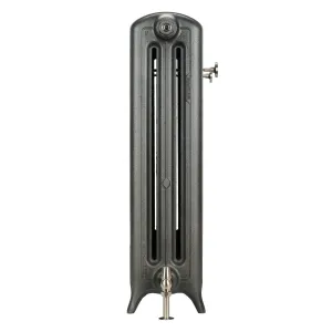 End view of an Emmeline III 870mm cast iron radiator on feet in a dark metallic grey finish, with a polished nickel valve and bleed key.