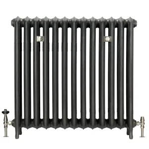 Emmeline III 870mm cast iron radiator on feet in a dark metallic grey finish, with nickel valves and two wall stays, on a white background.