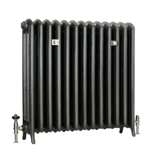 Emmeline III 870mm cast iron radiator on feet in a dark metallic pewter-grey finish, with nickel valves and two wall stays, on white.