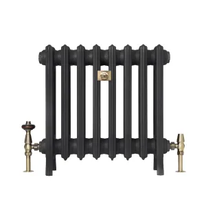Grace 4 Column 500mm cast iron radiator on feet in a dark graphite finish, with brass valves and a brass rosette wall stay, on white.