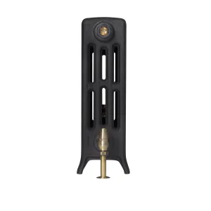 End view of a Grace four-column cast iron radiator on feet in a matt black finish, with a brass angled valve and a brass bleed plug.
