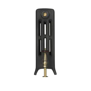 End view of a Grace 4 column cast iron radiator on feet in a dark matt finish, with an antique brass valve and brass bleed valve, on white.