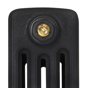 Close-up of the top of a Grace four-column cast iron radiator section in a black finish, with a Castrads-branded plug and brass centre.