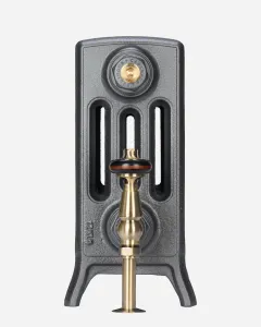 End-on view of a plain Grace 4 Column 360mm cast iron radiator on feet in Black Iron, with a brass angled valve and Castrads bleed plug.