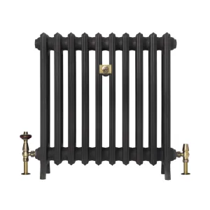Grace 4 Column 660mm cast iron radiator in a dark graphite finish on feet, with antique brass valves and a central brass wall stay.