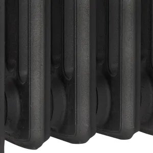 Close-up of the lower sections of a Grace 4 Column cast iron radiator in a dark graphite-grey finish, showing the textured cast surface.