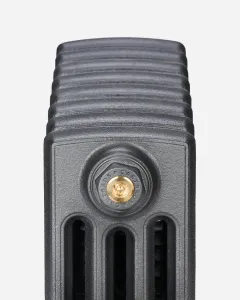 End section of a Grace 4 Column cast iron radiator in Black Iron, showing a brass-centred Castrads plug above the column openings.