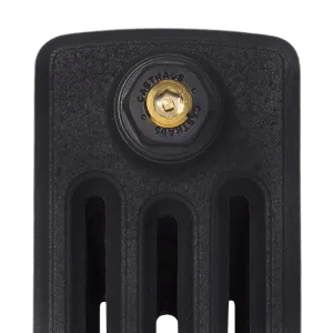 Close-up of the top end of a Grace 4 Column cast iron radiator in a black textured finish, with a black Castrads plug and brass bleed valve.