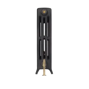 End view of a Grace 4 Column 660mm cast iron radiator on feet in a dark graphite finish, with a brass valve and bleed valve, on white.