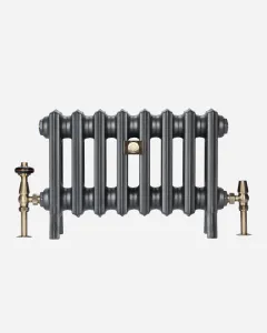 Low eight-section Grace cast iron radiator on feet in Black Iron, with antique brass angled valves and a central brass plaque, on white.