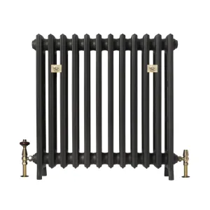 Grace 4 Column 760mm cast iron radiator in a dark grey finish on feet, with brass valves and two brass wall stays, on a white background.