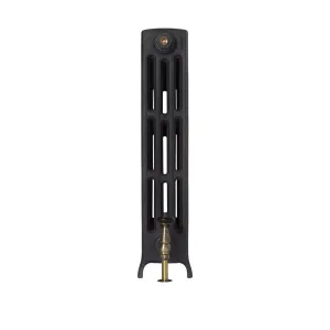 End view of a Grace 4 column 760mm cast iron radiator on feet in a dark matt finish, with an antique brass valve with wooden head, on white.