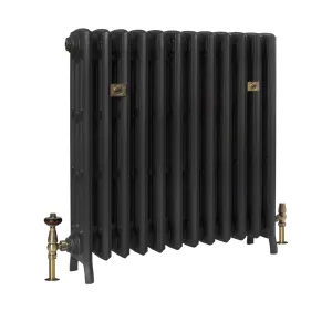 Plain four-column Grace cast iron radiator on feet in a textured dark grey finish, with antique brass thermostatic valve and lockshield.